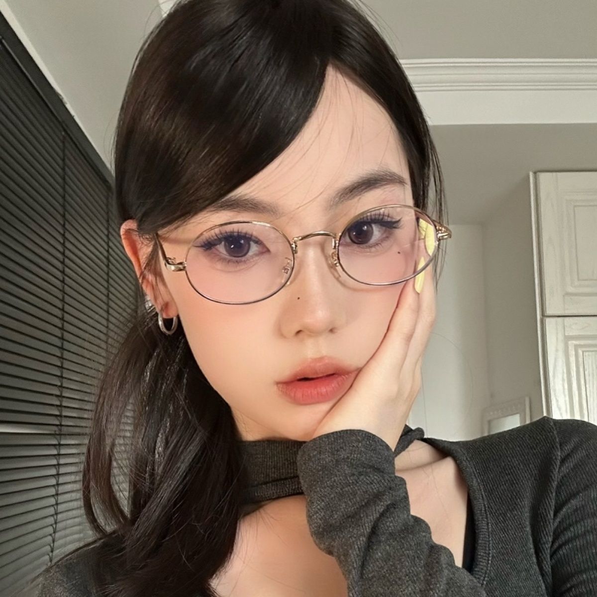 高智感银色眼镜框女书呆子椭圆金丝小框小脸纯欲素颜近视可配度数