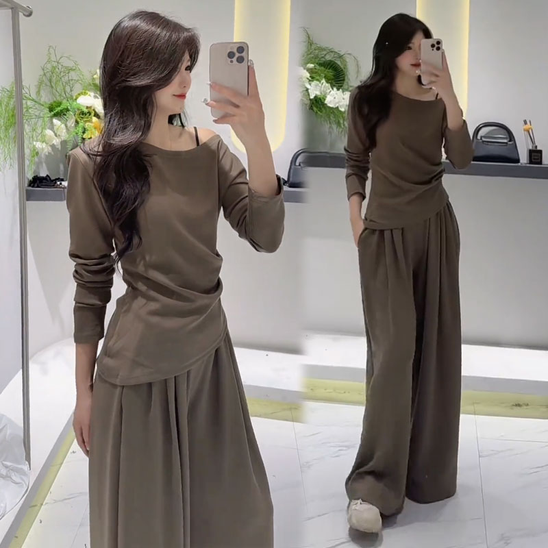 时尚休闲套装女2025秋季新款时髦洋气露肩长袖上衣阔腿裤两件套潮