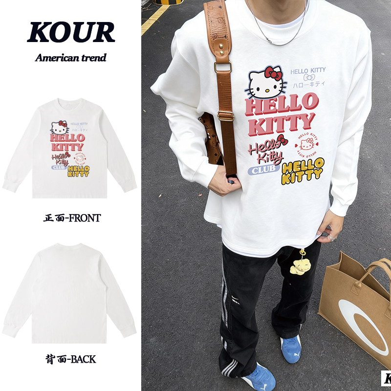 HelloKitty凯蒂猫美式高街复古上衣重磅纯棉宽松百搭圆领长袖T恤