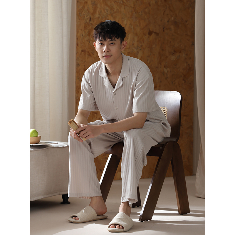 2025夏季薄款睡衣男夏天纯棉短袖长裤宽松简约家居服套装
