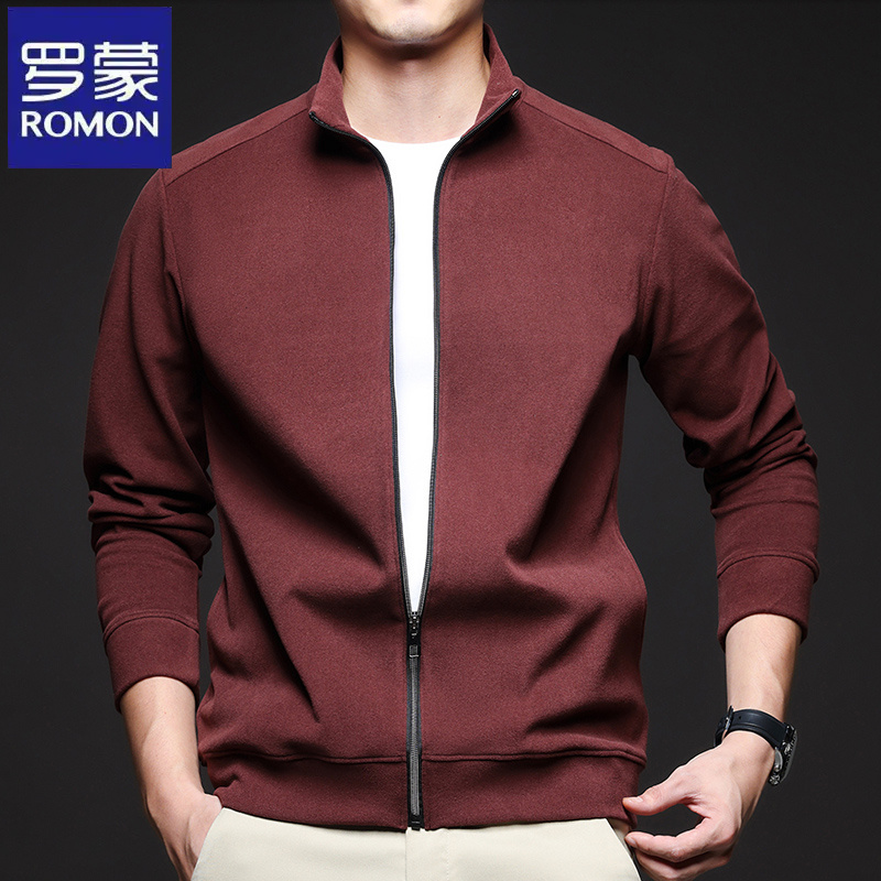 罗蒙美式休闲德绒立领长袖卫衣开衫秋冬季时尚中青年纯色男士外套