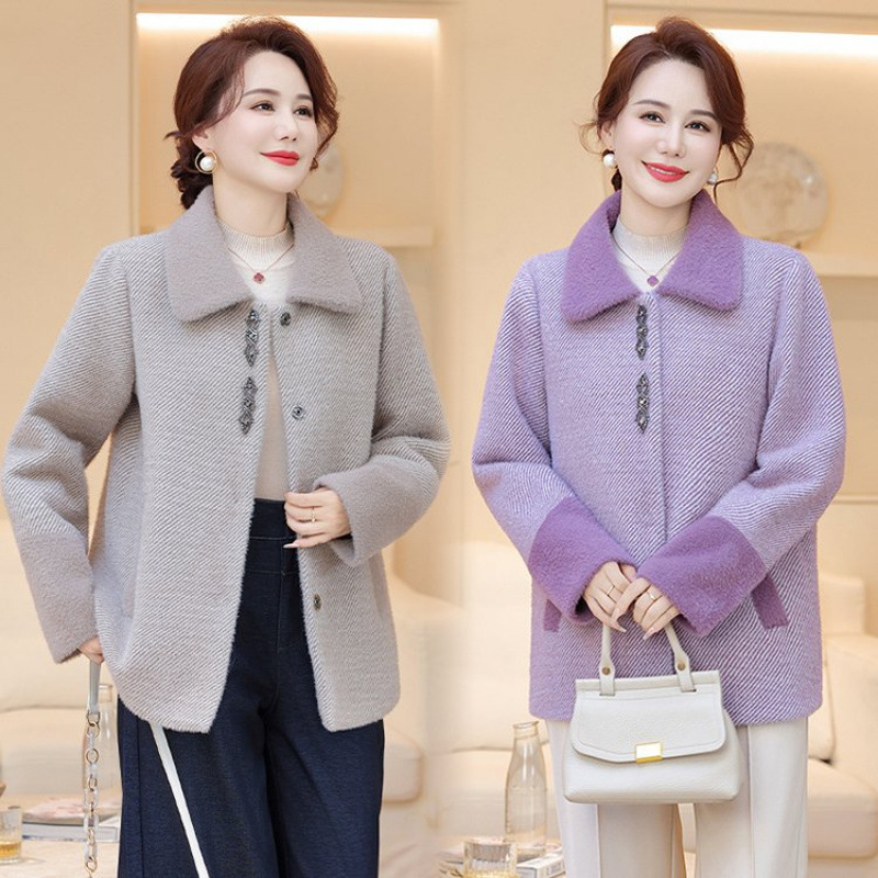 中年妈妈冬装仿水貂绒大衣新款洋气中老年女装秋冬毛呢加绒厚外套