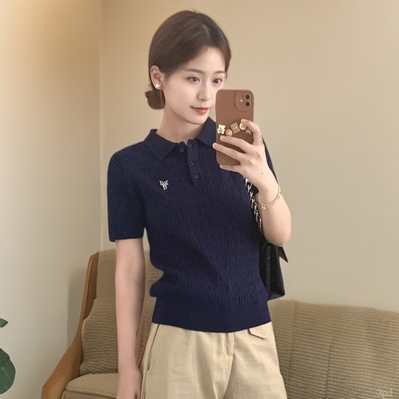 韩系设计感藏青色针织领新款冰丝t恤小个子百搭女2025夏季上衣潮