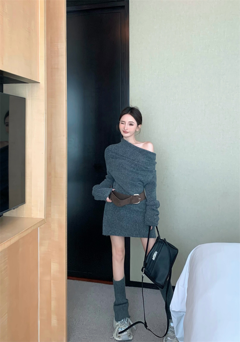 时尚复古气质辣妹长袖一字肩慵懒针织毛衣连衣裙A725#