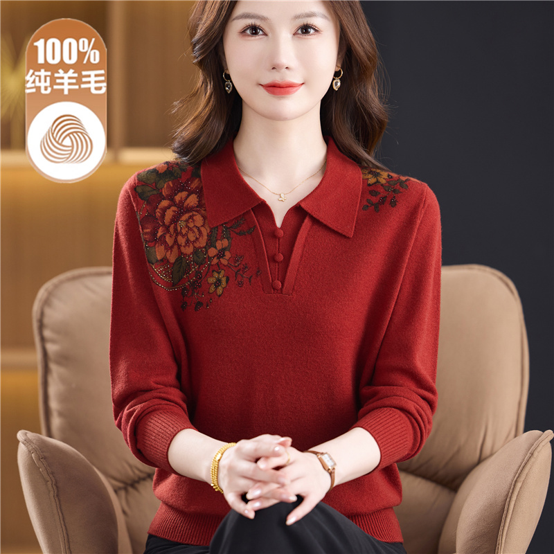 洋气中老年女士100%纯羊毛打底衫妈妈秋冬装毛衣保暖翻领印花上衣