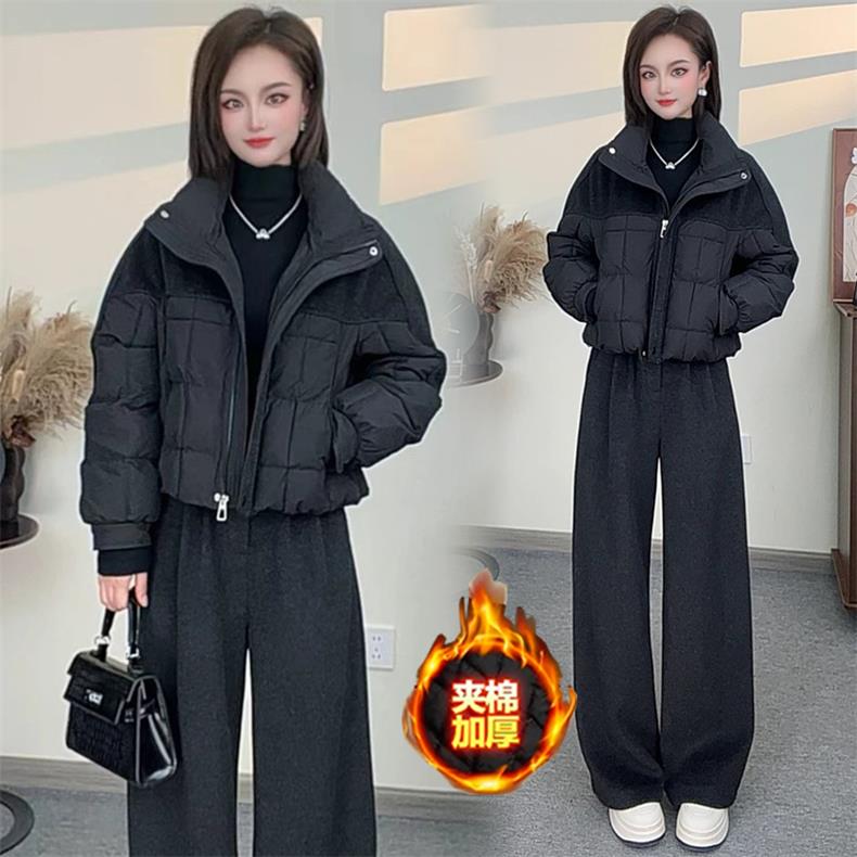 时尚套装女2025冬季新款洋气宽松显瘦拼接棉服外套阔腿裤两件套潮