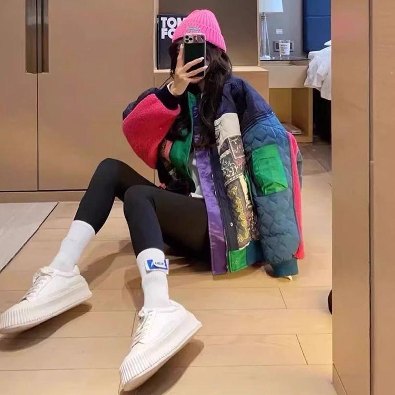 连帽加绒加厚韩版拼接冬季网红时尚百搭ins保暖立领撞色短款休闲