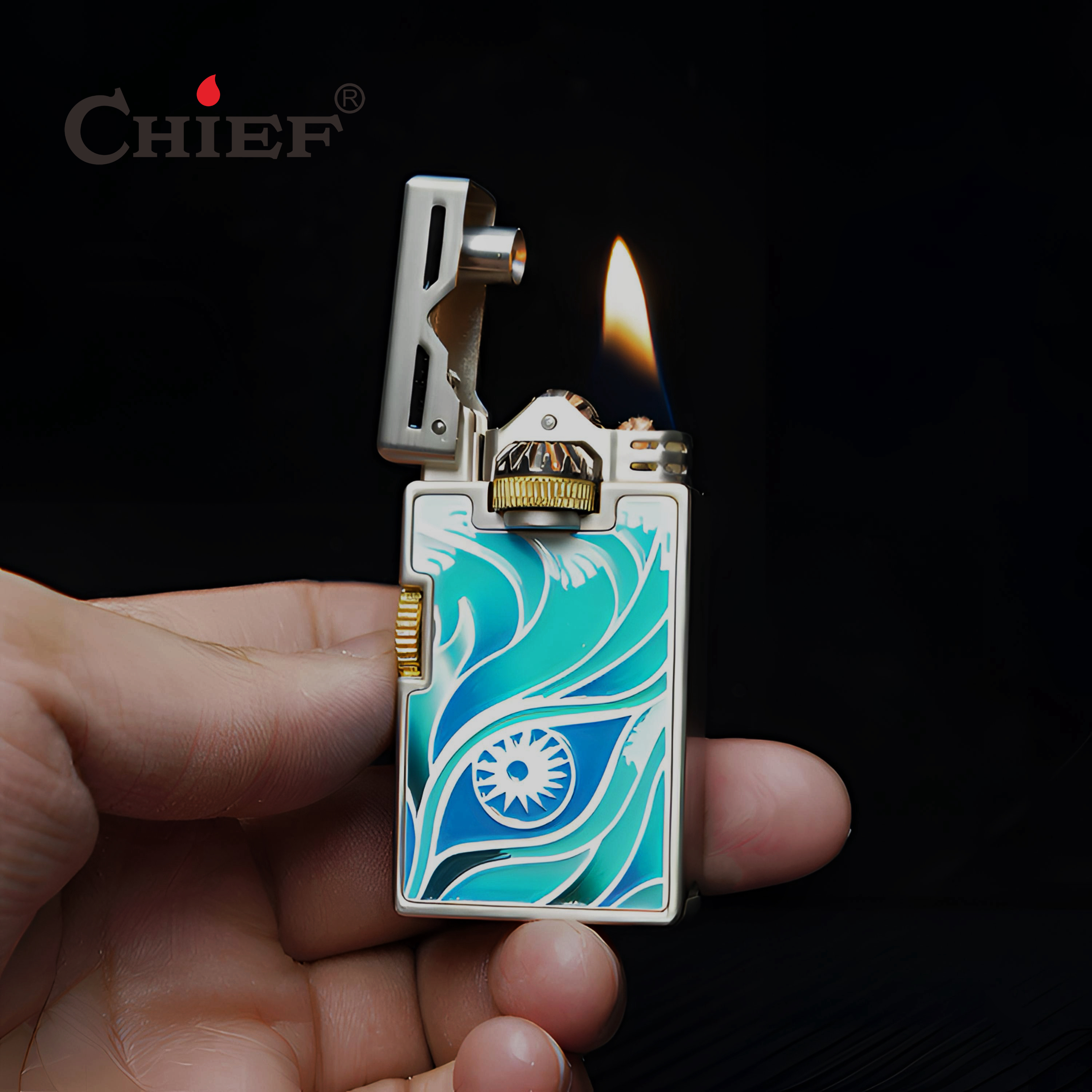 CHIEF/首领二代夜光含情脉脉复古翻盖打火机双齿轮联动创意设计