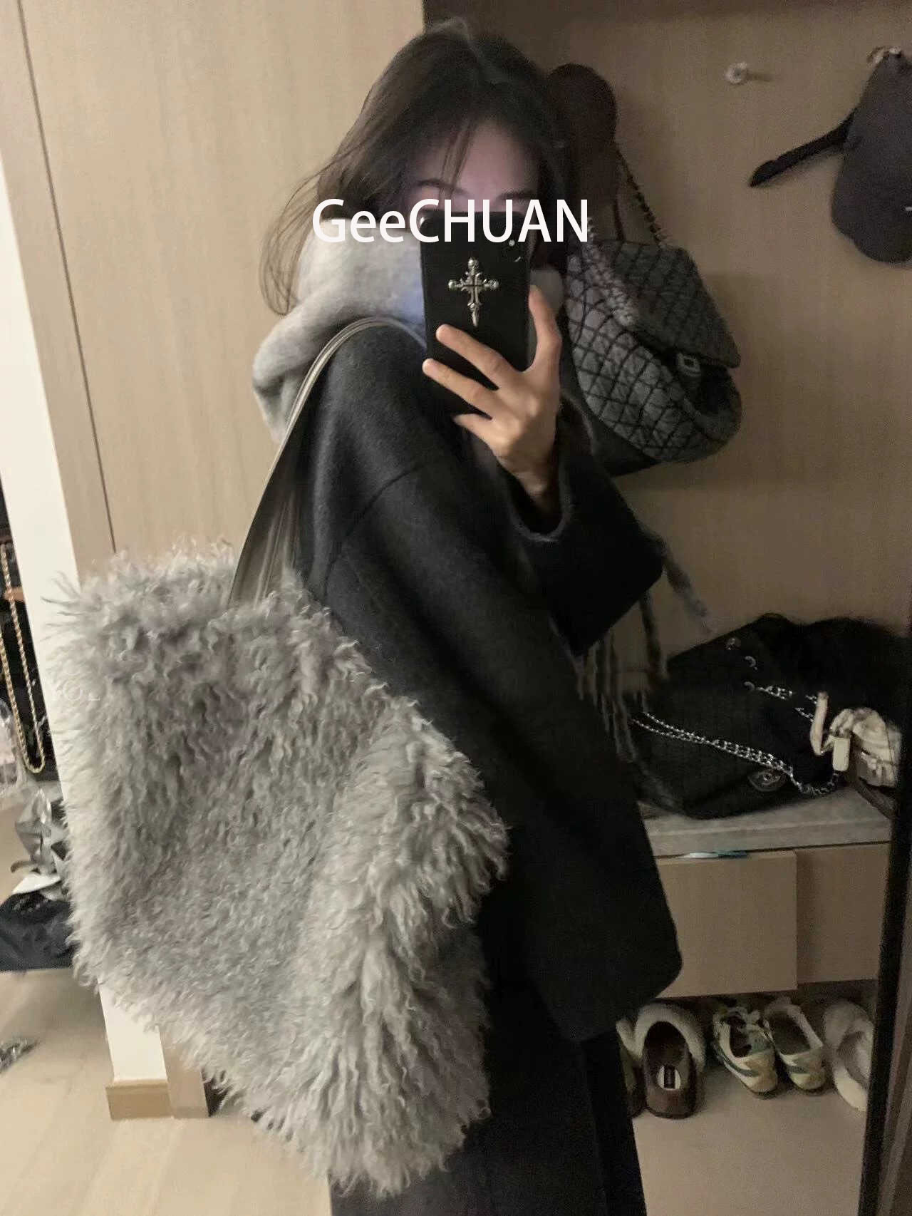 GeeCHUAN 秋冬大容量灰色高级感不掉毛休闲单肩包百搭毛毛托特包