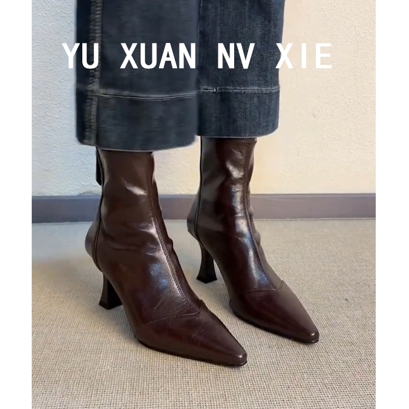 羊皮版~法式高跟尖头短靴女2025新款细跟弹力瘦瘦靴气质马丁靴子