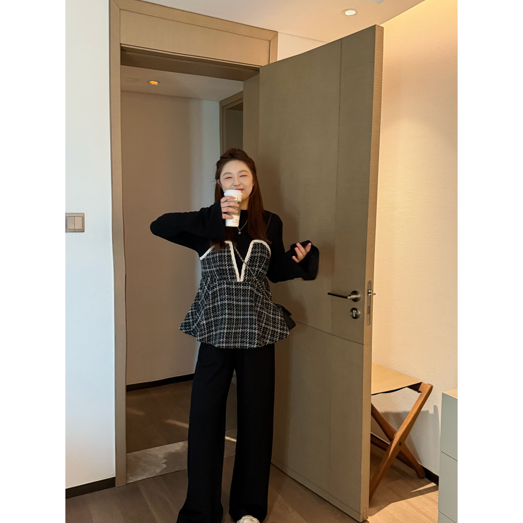 楠序【反转巴黎】乔乔微胖女装 2025年秋装新格子拼接套装女YZ37312