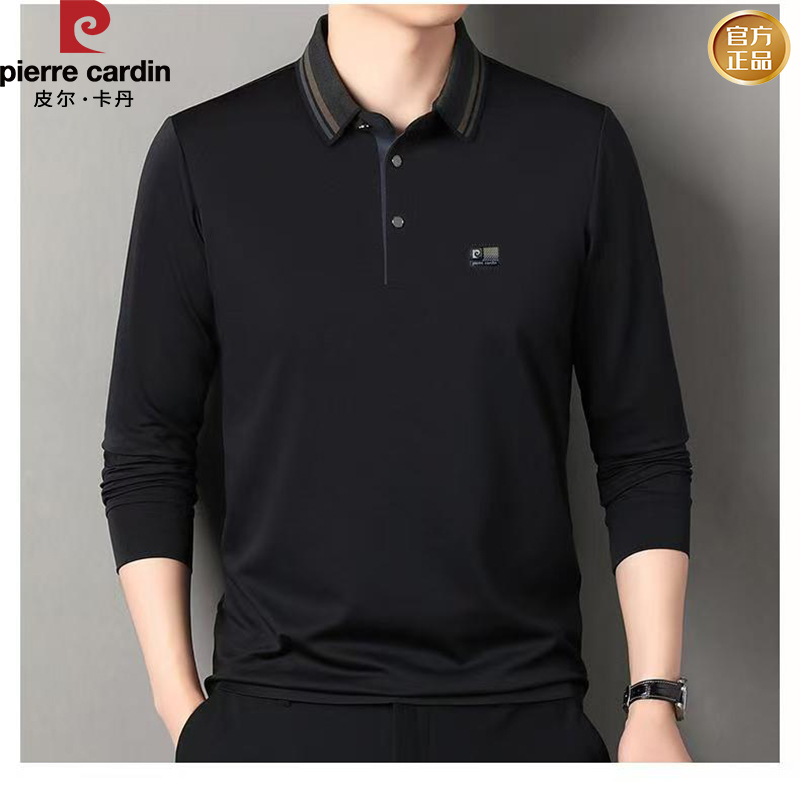 皮尔卡丹长袖秋季纽扣免烫男中青年Polo衫纯色春秋上衣翻领男士