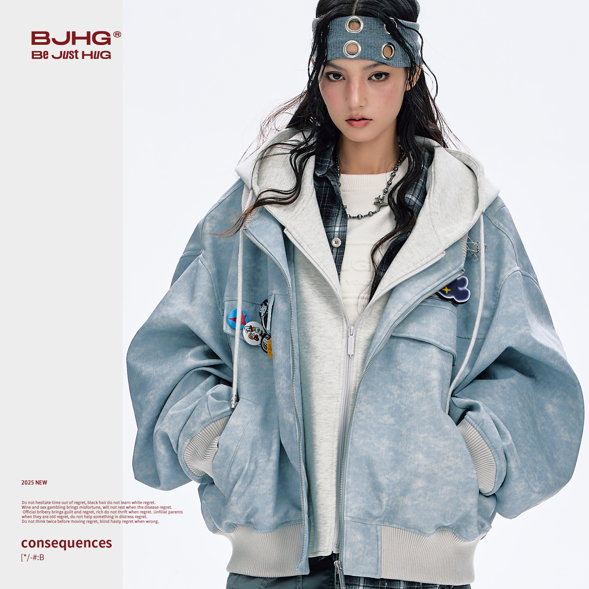 BJHG不计后果美式bomber夹克外套男款秋新款假两件连帽复古皮衣女