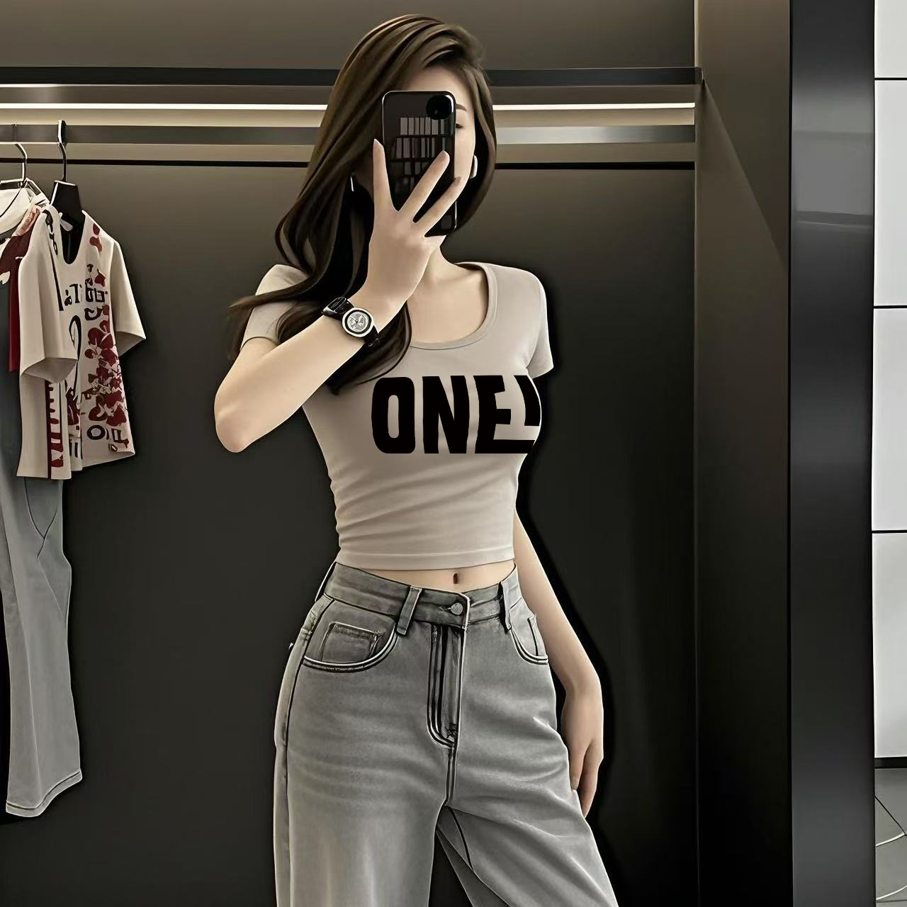 夏季正肩T恤修身字母设计感方领短款时尚短袖印花高级感百搭上衣