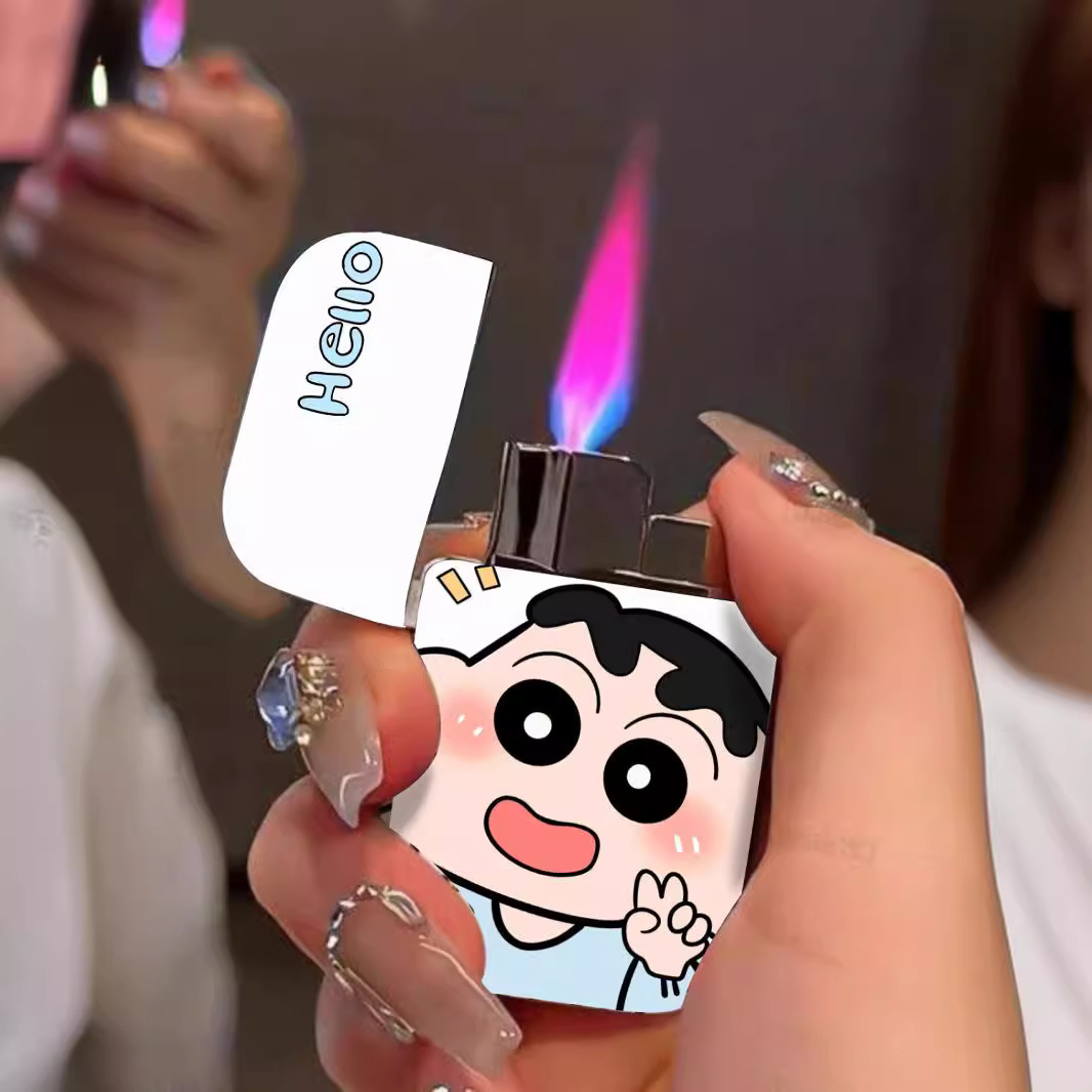 蜡笔小新短款充气打火机粉火防风按压电子高颜值女生款送男友对象