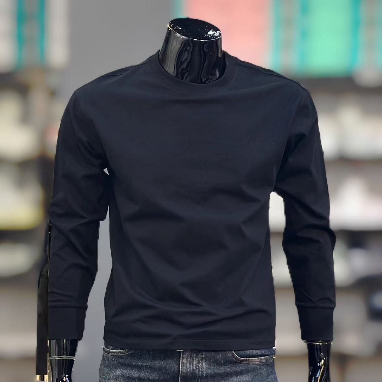 新款春秋季长袖纯色男士圆领卫衣套头修身莱卡棉弹力青年打底衫男