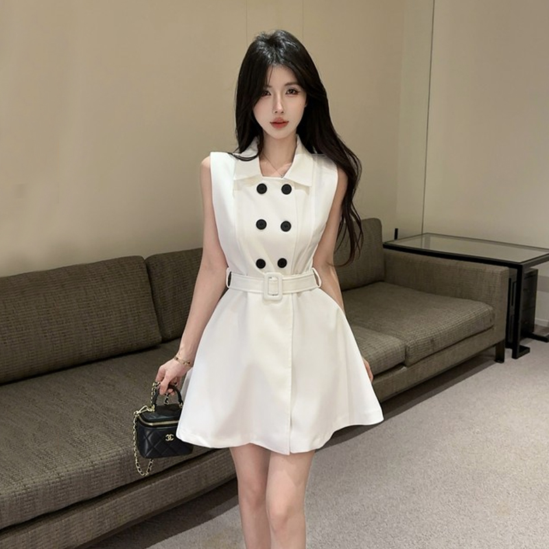 2025新款女装高级感设计感收腰显瘦气质无袖翻领风衣式纯欲连衣裙