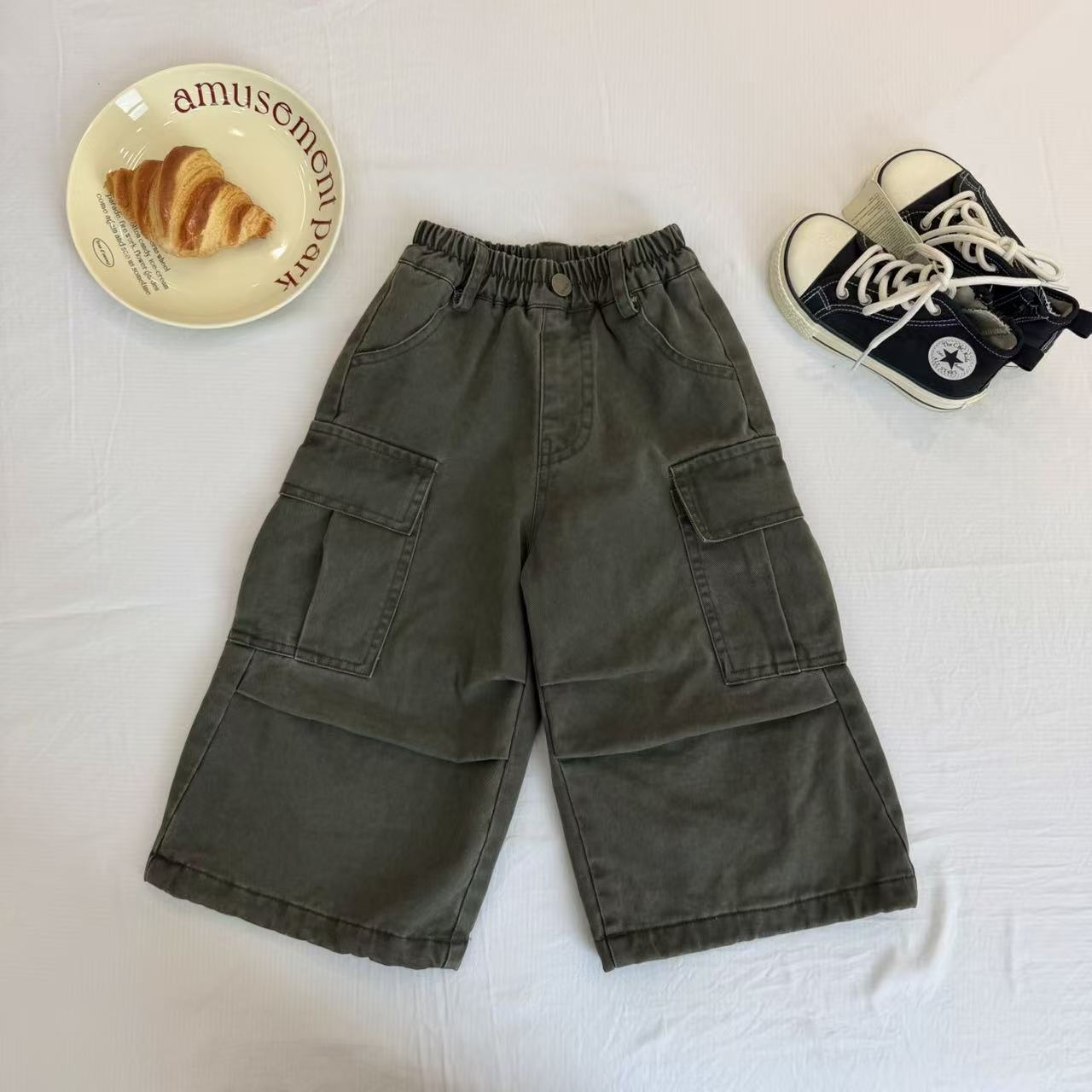 cici冬款儿童加绒加厚军绿工装裤