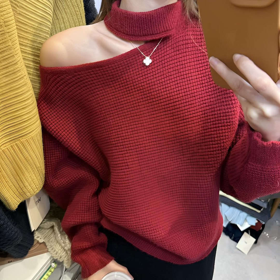 巨好看的挂脖斜肩露肩毛衣女秋冬可外穿内搭打底高级感针织衫上衣