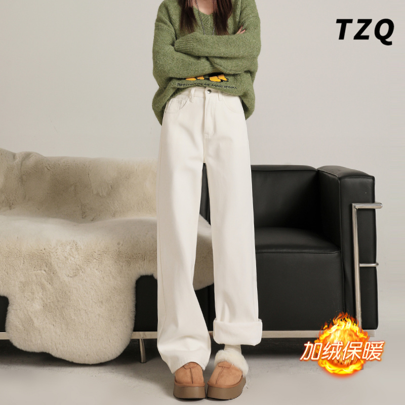 白色加绒牛仔裤女款2025冬季厚款小个子高腰显瘦百搭窄版直筒裤子