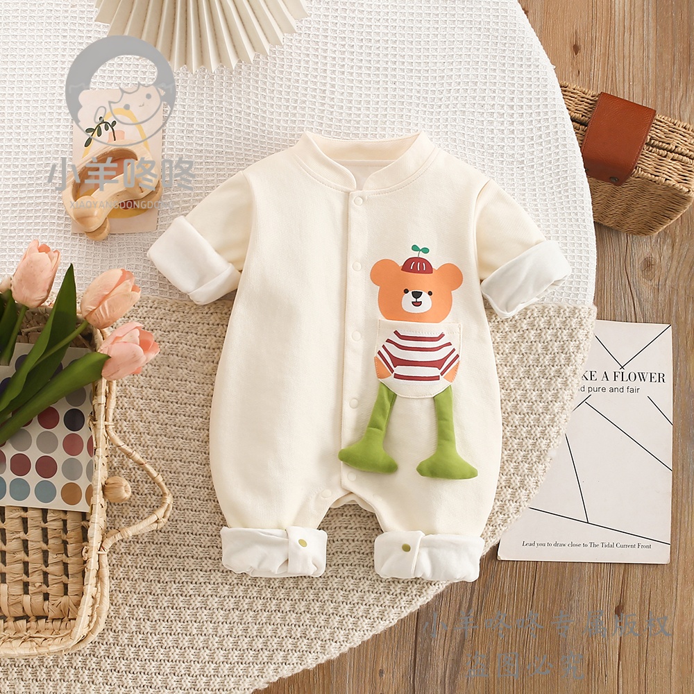 春秋新款男女宝宝可爱双层小熊拼色连体哈衣爬爬服外出服