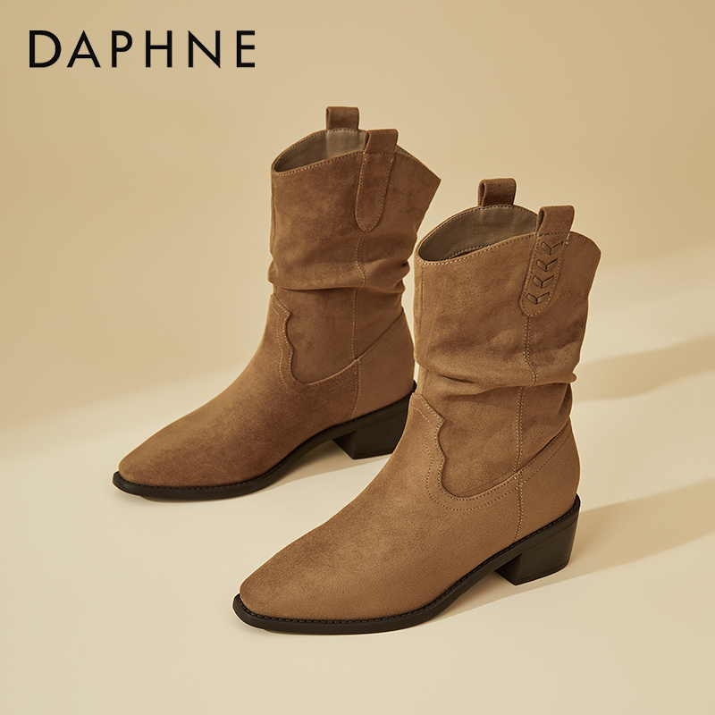 达芙妮尖头粗跟堆堆靴女2025秋季新款复古百搭西部牛仔靴厚底短靴