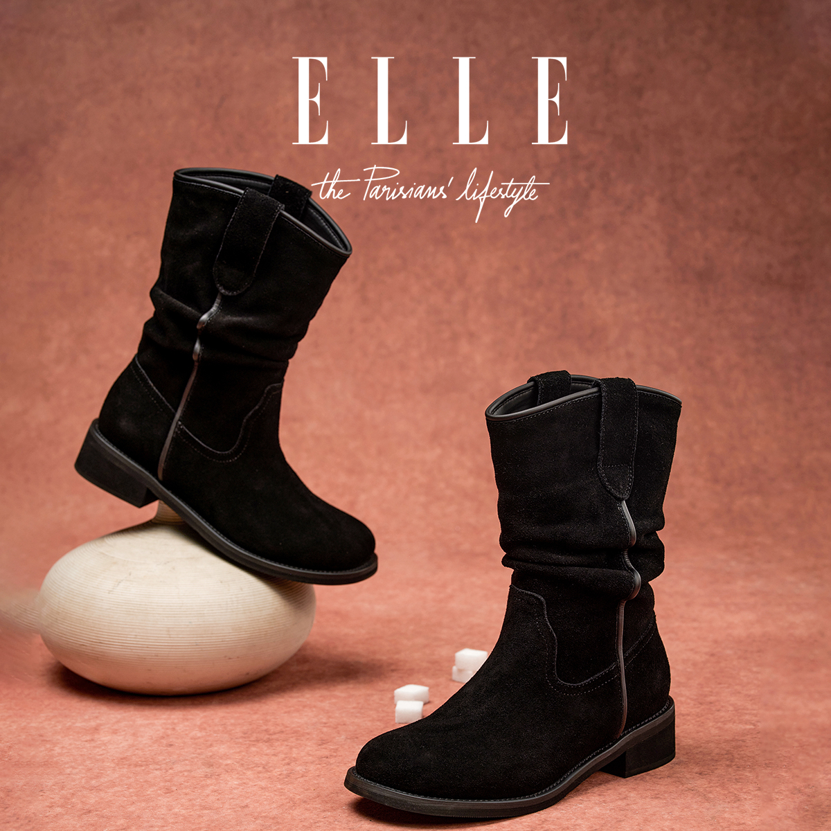 ELLE欧美风中筒靴女2025新款复古马丁靴气质方跟堆堆靴西部牛仔靴