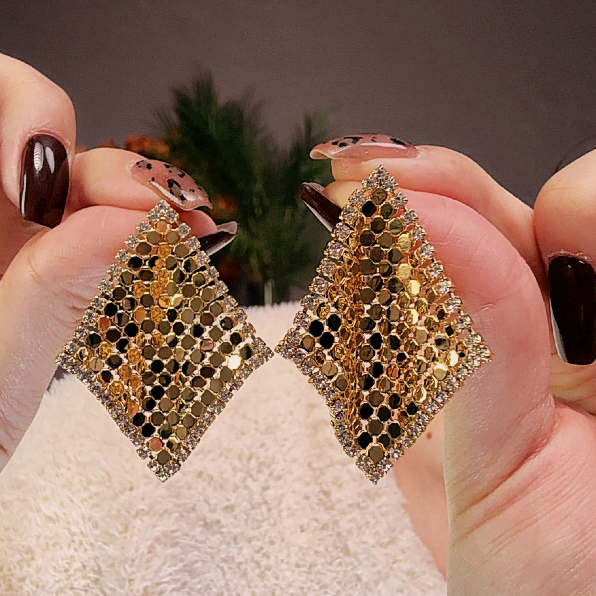 黄铜锆石耳饰 【巴黎之夜】时尚轻奢设计感气质亮片锆石耳环