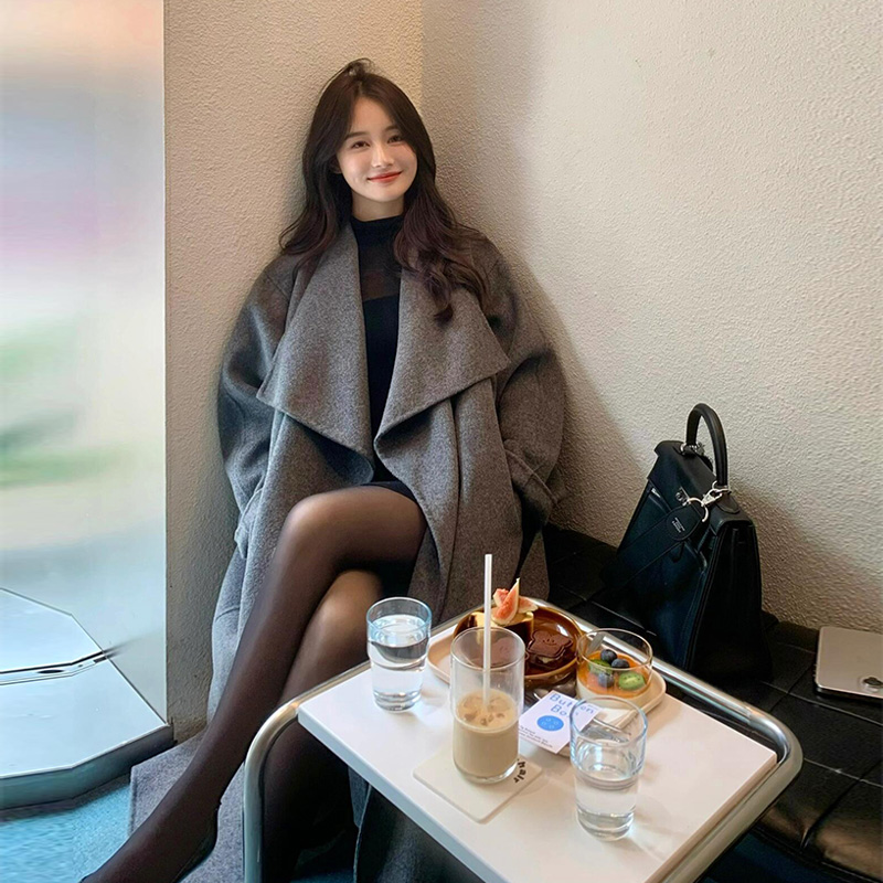 灰色双面呢子大衣女2025秋冬新款韩系高级感大翻领中长款毛呢外套