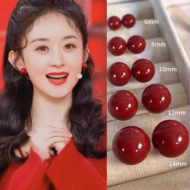 铜合金耳饰 冬季红色珠珠耳钉女本命年红色高级感耳环新年耳饰潮