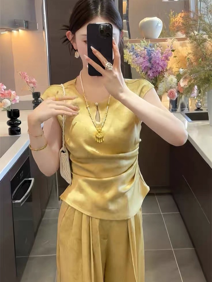 新中式国风轻奢夏季醋酸缎面设计感暗花工艺气质百搭显瘦上衣小衫