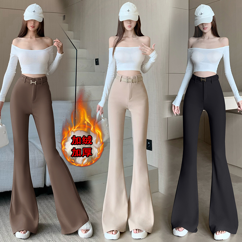 加绒黑色喇叭裤女秋冬2025新款时尚气质高腰显瘦垂感休闲裤拖地裤
