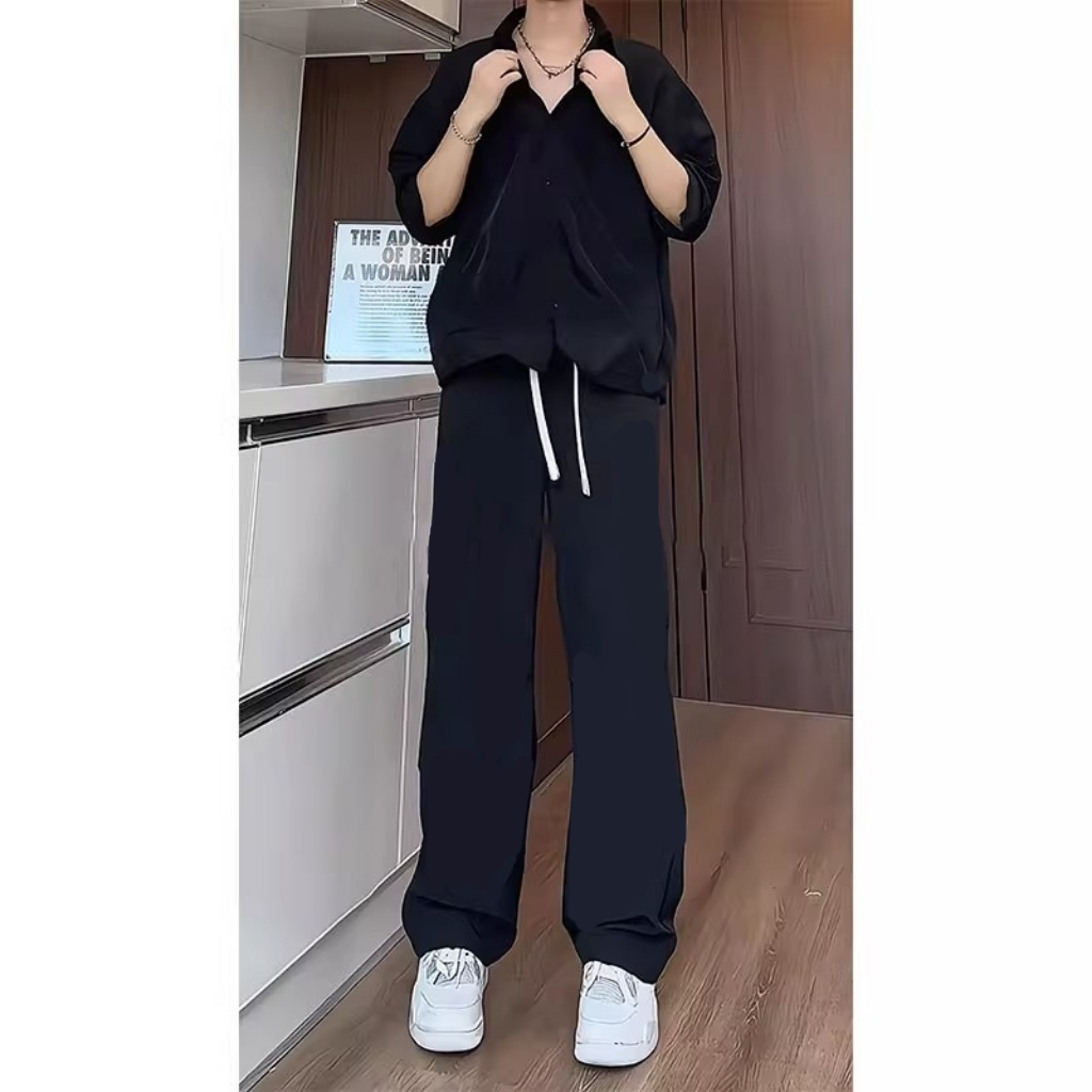 夏加大加肥黑色冰丝短袖薄休闲衬衣男高级感痞帅裤子一套男装套装