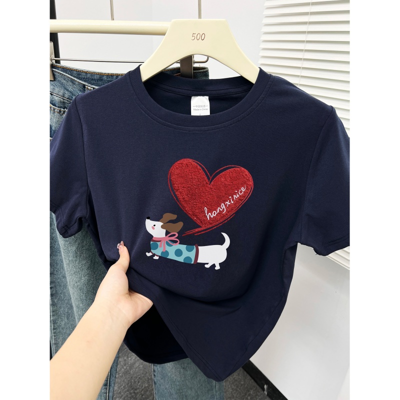 正肩藏蓝色短袖t恤女韩版洋气大码微胖mm遮肚显瘦圆领设计感上衣