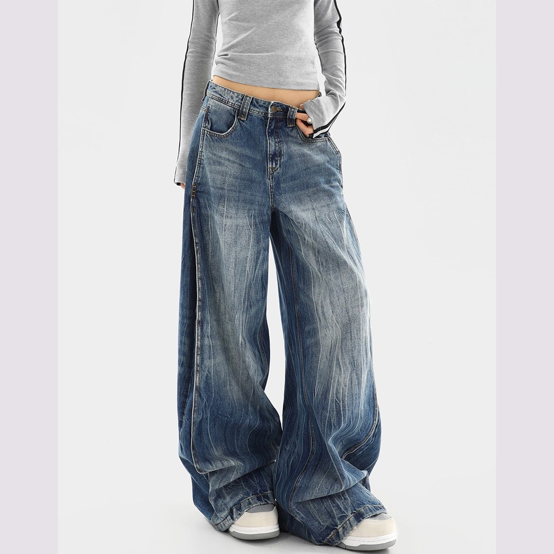 重工水洗做旧阔腿牛仔裤女夏季新款美式复古休闲低腰直筒拖地裤子