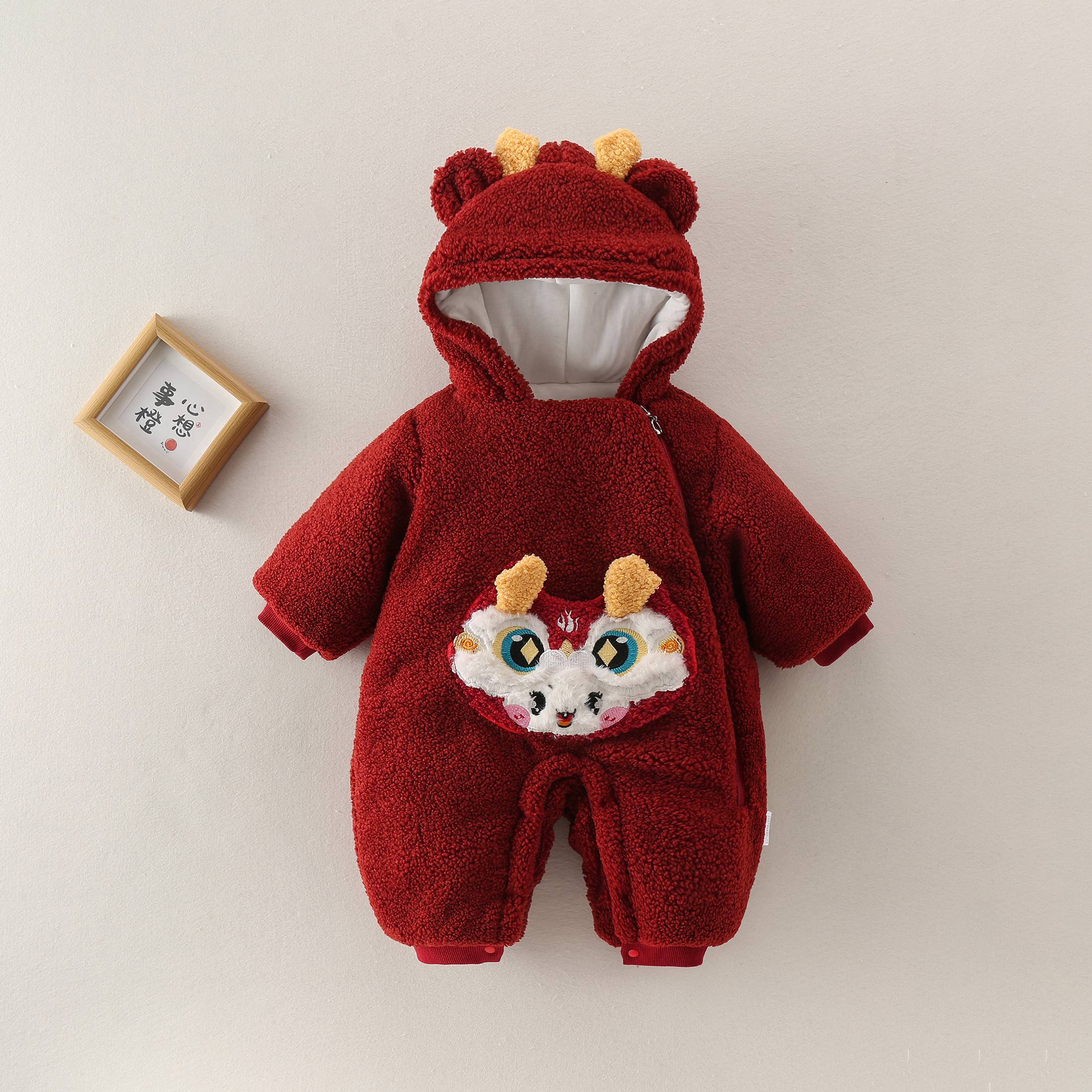 新生婴儿加棉加厚深秋冬季棉服保暖婴儿哈衣婴儿喜庆连帽红色