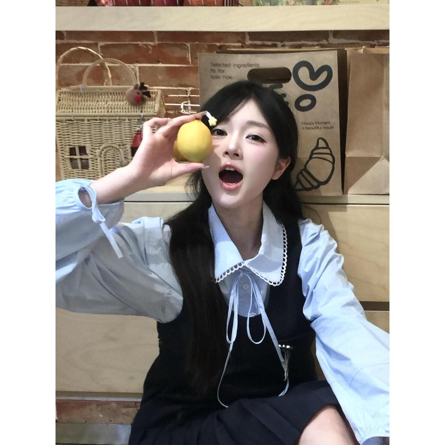 韩系学院风甜美娃娃领衬衫女秋季新款设计感小众无袖背心裙两件套