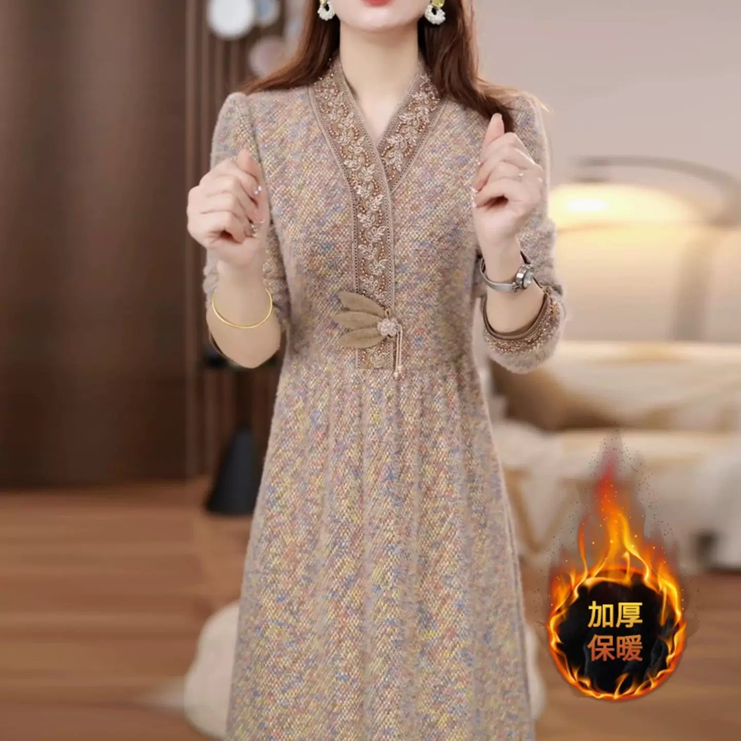 【衣雅严选】8100-2718#新款秋冬季加厚保暖显瘦重工刺绣连衣裙