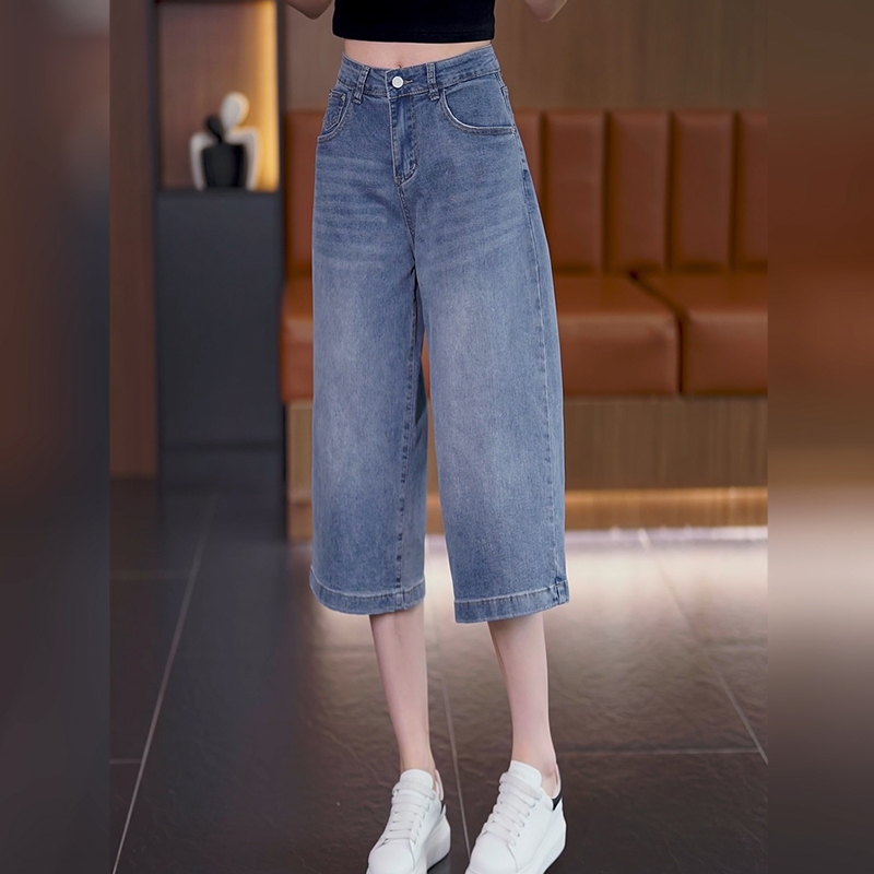 阔腿裤女小个子高腰宽松弹力牛仔裤女夏季七分裤女款爆款2025新款