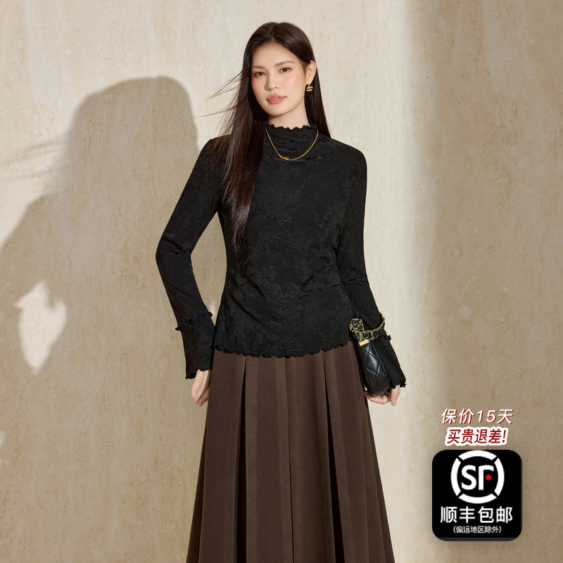 蓝语大码女装半高领木耳边提花基础打底衫2025冬新款显瘦针织上衣