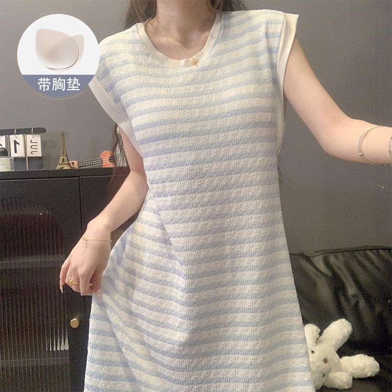 带胸垫无袖背心睡裙女款蓝色条纹家居服2025新款夏季甜美宽松睡衣