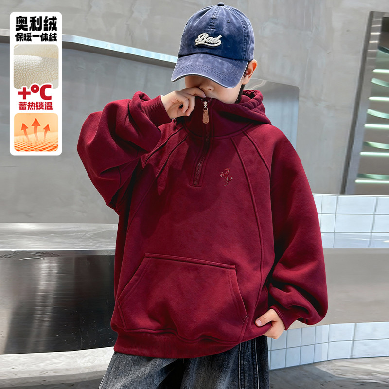 男童加绒加厚卫衣秋冬款2025新款过年衣服大儿童男孩拜年服本命年