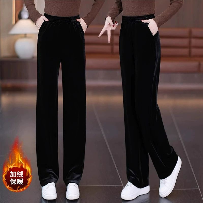 高端黑色金丝绒窄版阔腿裤女春秋季2025新款丝绒大码女裤直筒裤