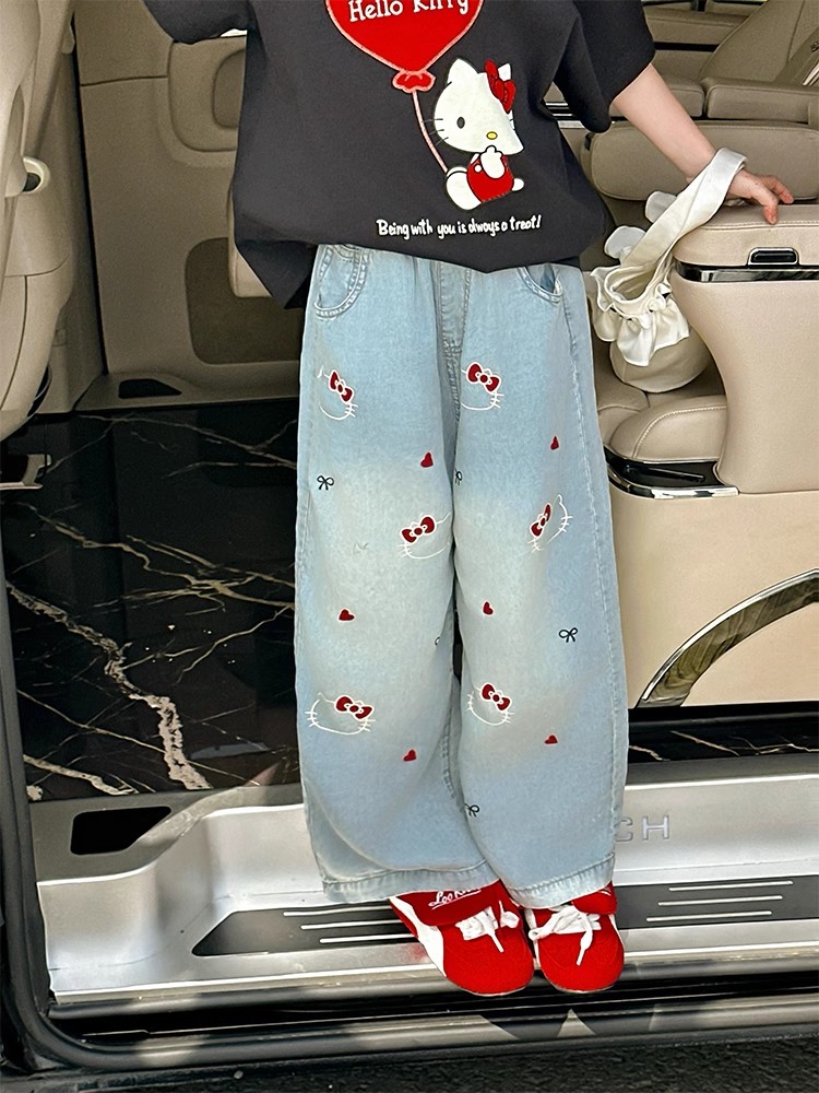 女童裤子夏薄款2025新款儿童爱心蝴蝶结小女孩天丝薄牛仔裤防蚊裤