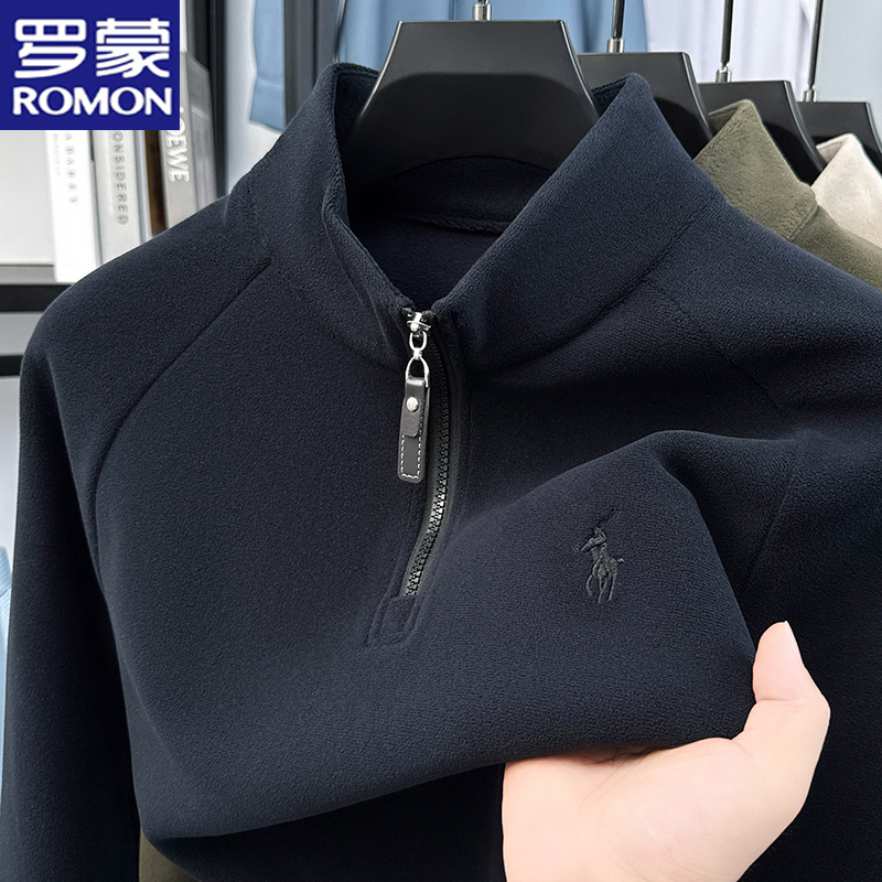 罗蒙半拉链奥粒绒男士长袖卫衣秋冬季保暖宽松刺绣打底衫休闲上衣