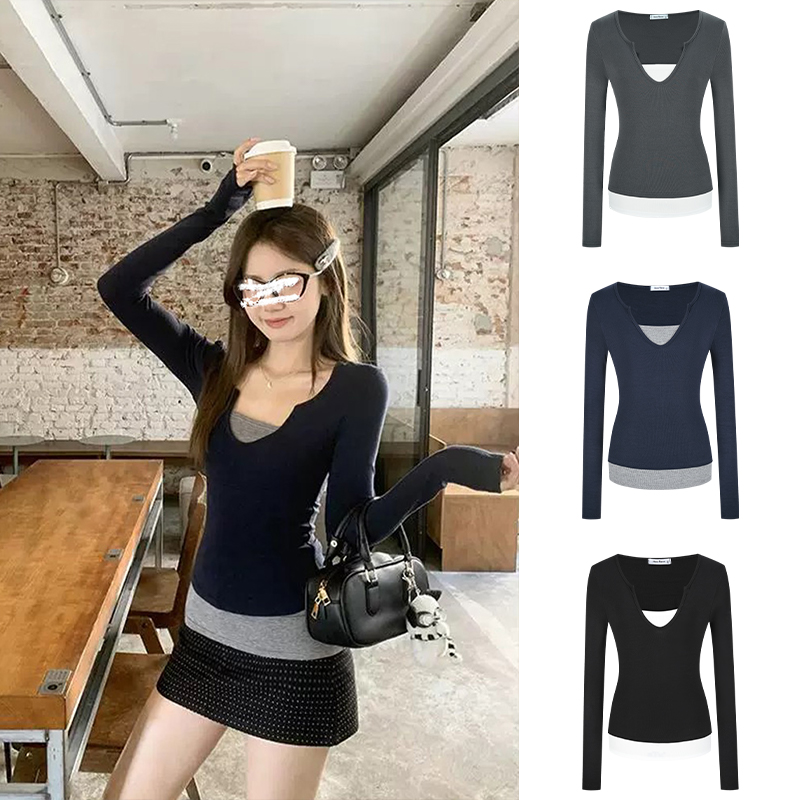 Moses Queen/魔西女王美式复古假两件长袖T恤拼接撞色辣妹上衣