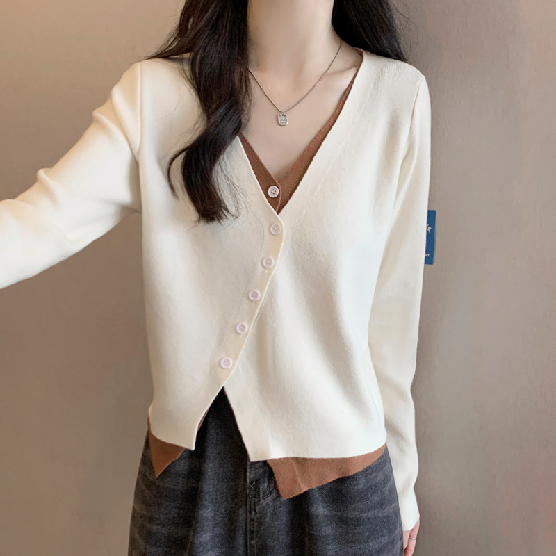 胖MM韩版假两件针织开衫大码女装秋季新款遮肉显瘦小衫设计感上衣