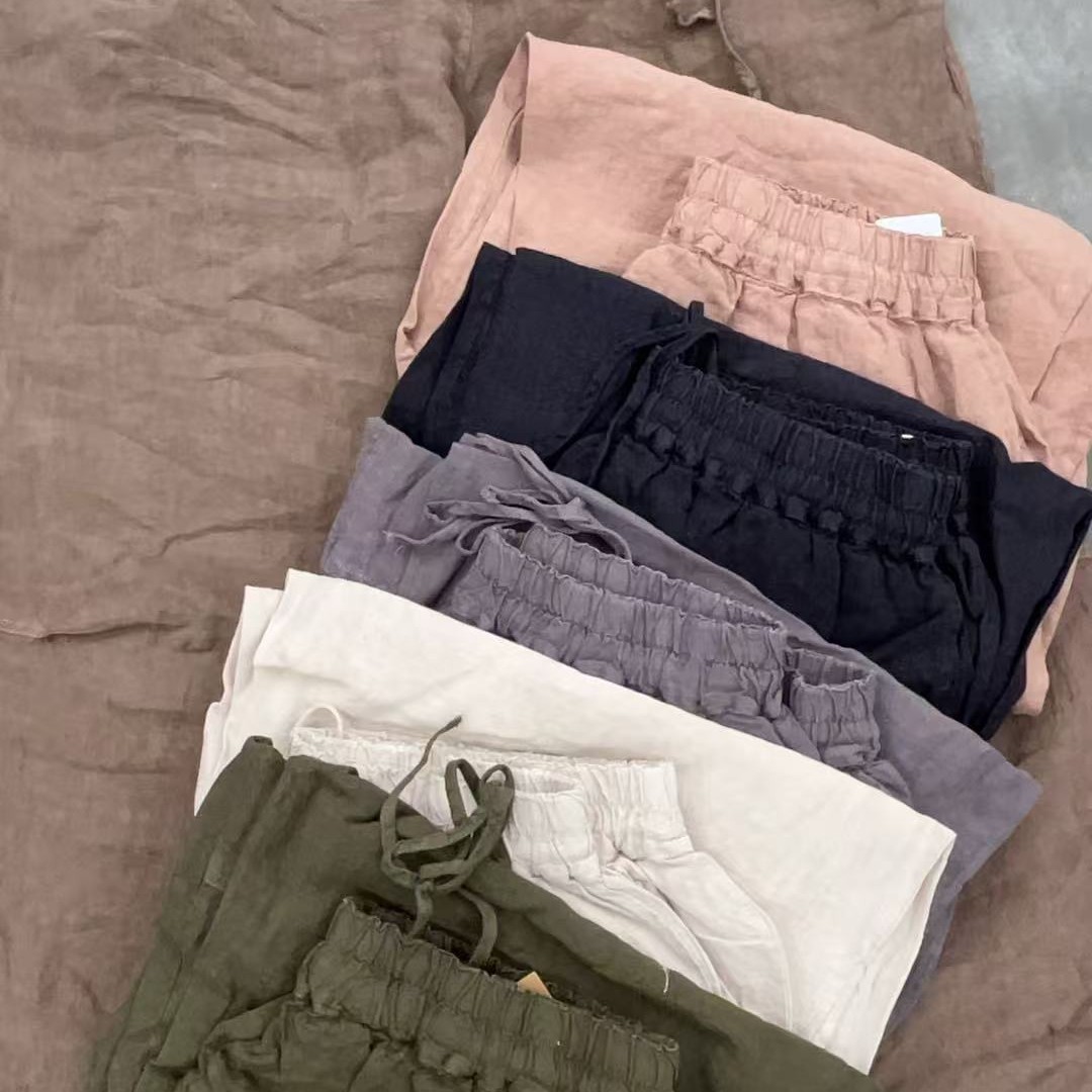 皙子3711-1双层雨露麻秋季新款宽松显瘦百搭长裤裤长98臀围130