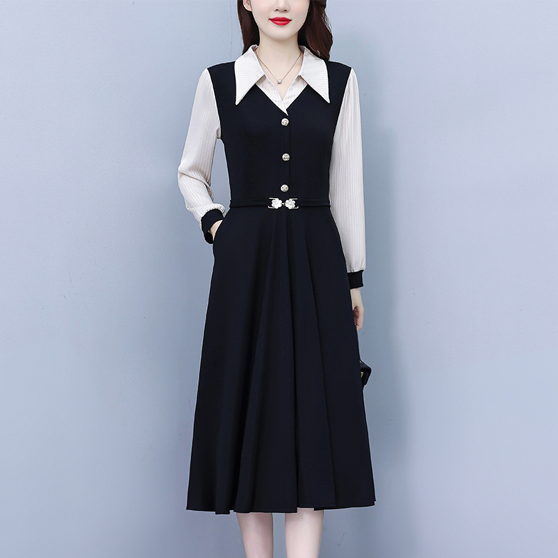 有口袋高端假两件妈妈连衣裙显瘦大码女装时尚洋气长袖秋冬季裙子