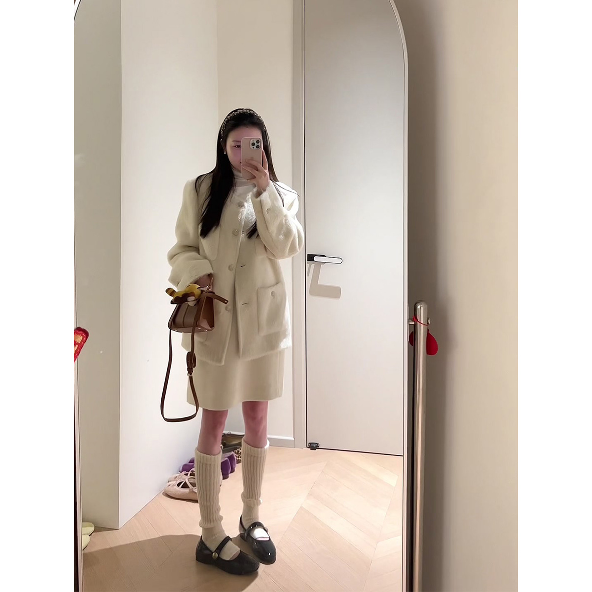 MARIE.COCO小香风秋冬款毛呢外套内搭打底衫叠穿背心连衣裙三件套